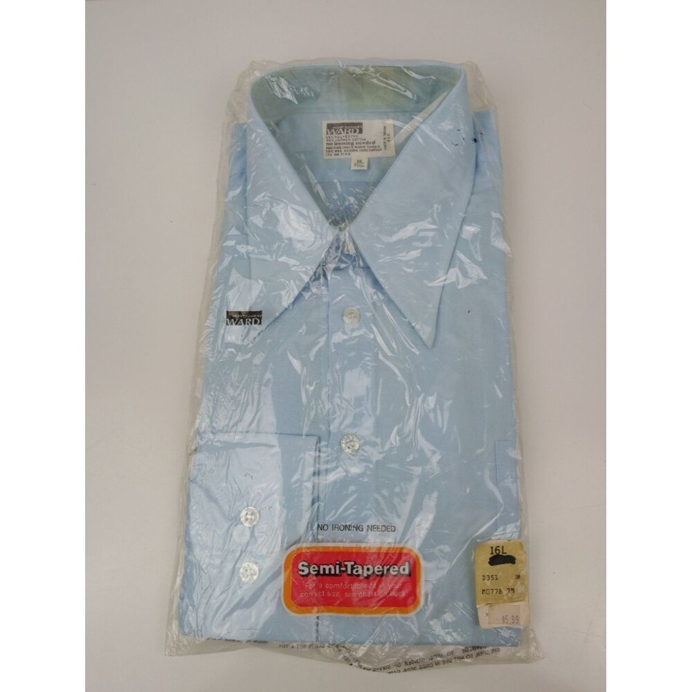 VTG 1970's Montgomery Ward Semi-Tapered Button From Shirt Light Blue Size 16L